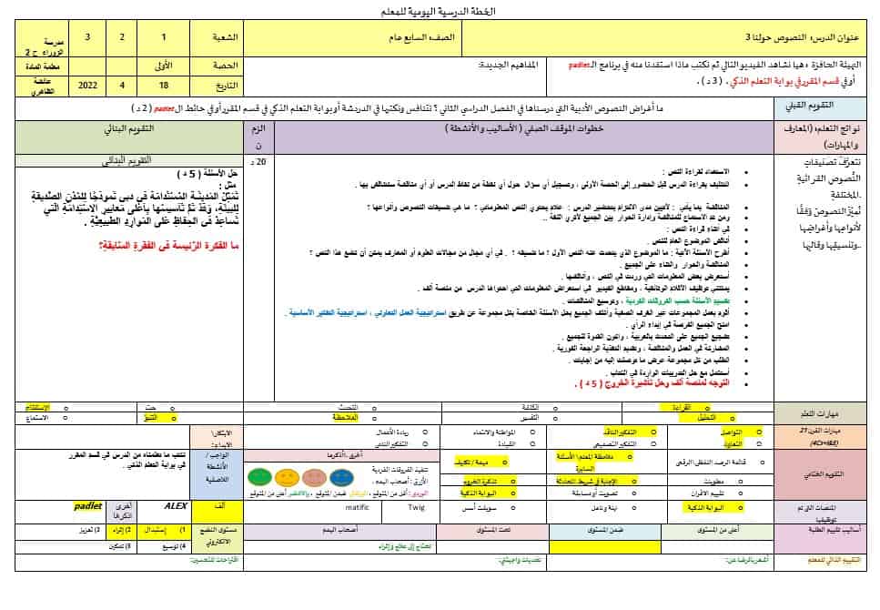 الخطة الدرسية اليومية النصوص حولنا 3 اللغة العربية الصف السابع