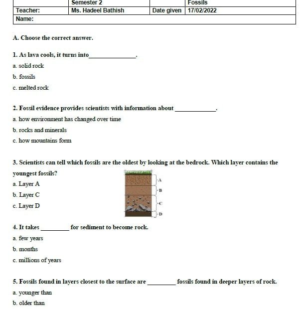 ورقة عمل Evidence from Rocks and Fossils العلوم المتكاملة الصف الرابع