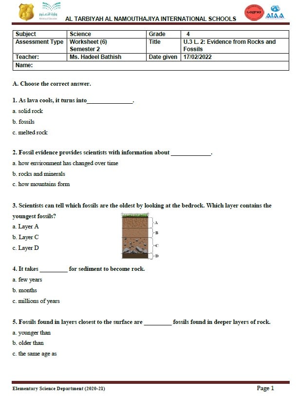 ورقة عمل Evidence from Rocks and Fossils العلوم المتكاملة الصف الرابع 