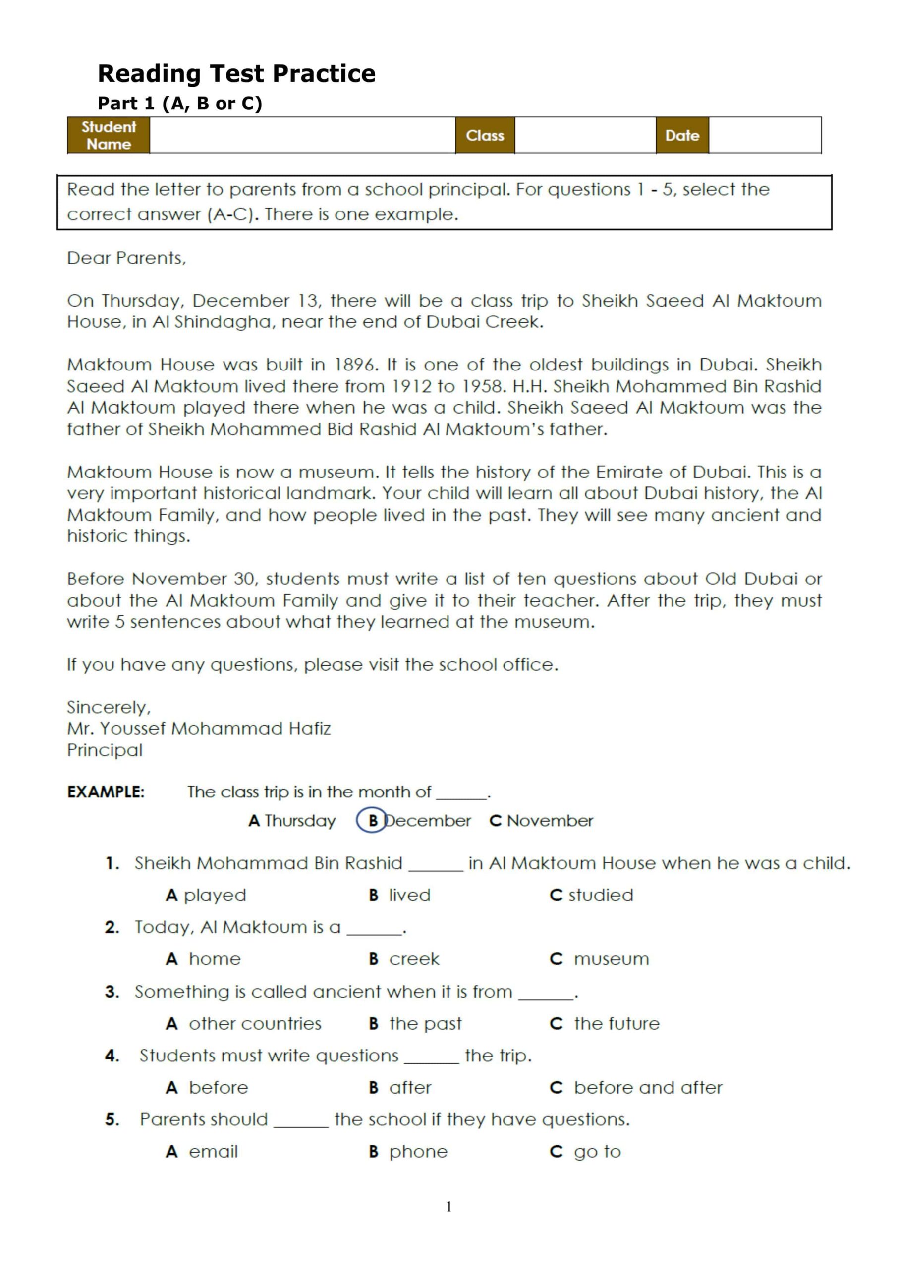 ورقة عمل Reading Test Practice اللغة الإنجليزية الصف الرابع