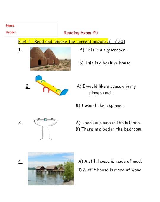 أوراق عمل Reading Exam اللغة الإنجليزية الصف الثالث