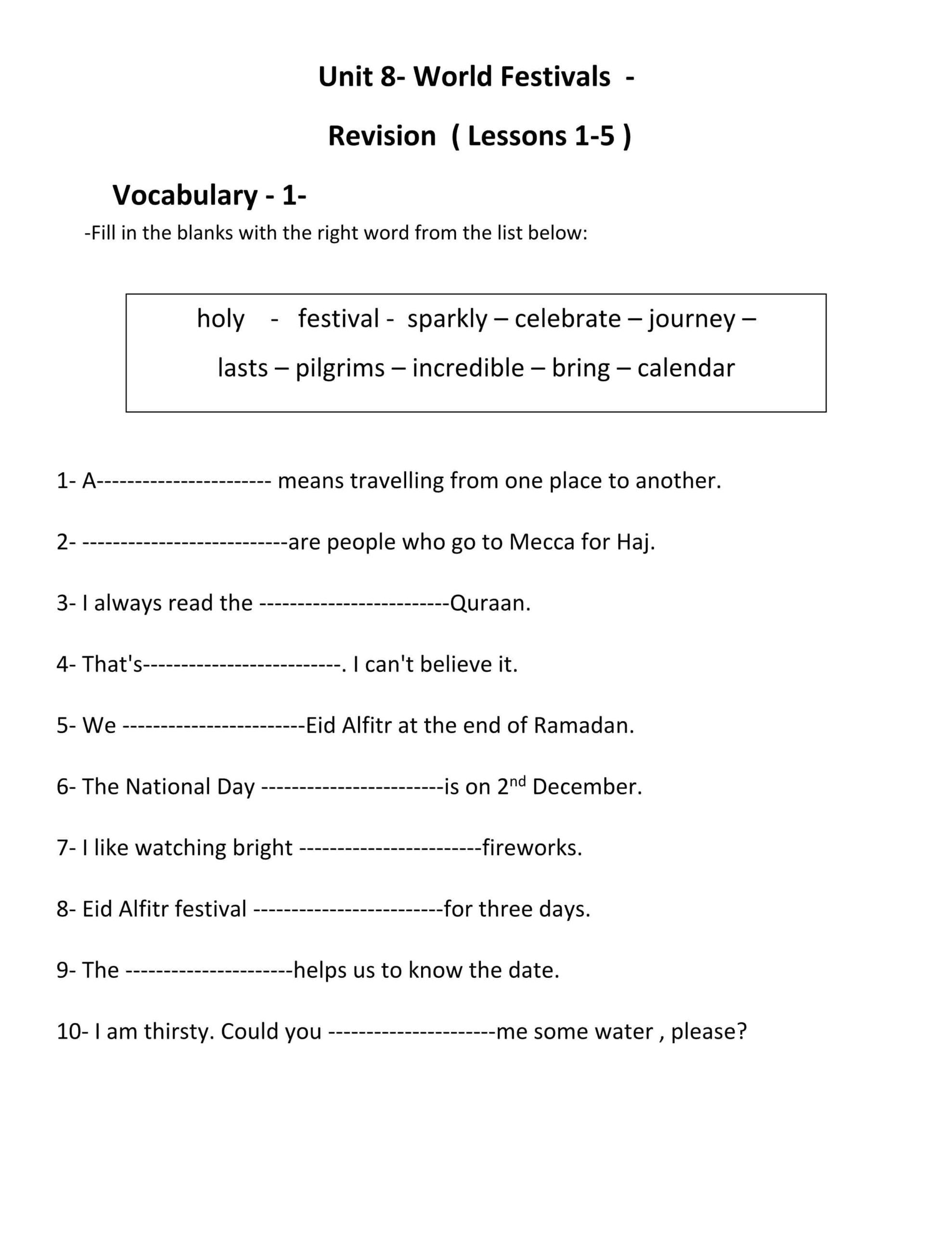 أوراق عمل Unit 8 Revision Lessons 1-5 اللغة الإنجليزية الصف الثامن 