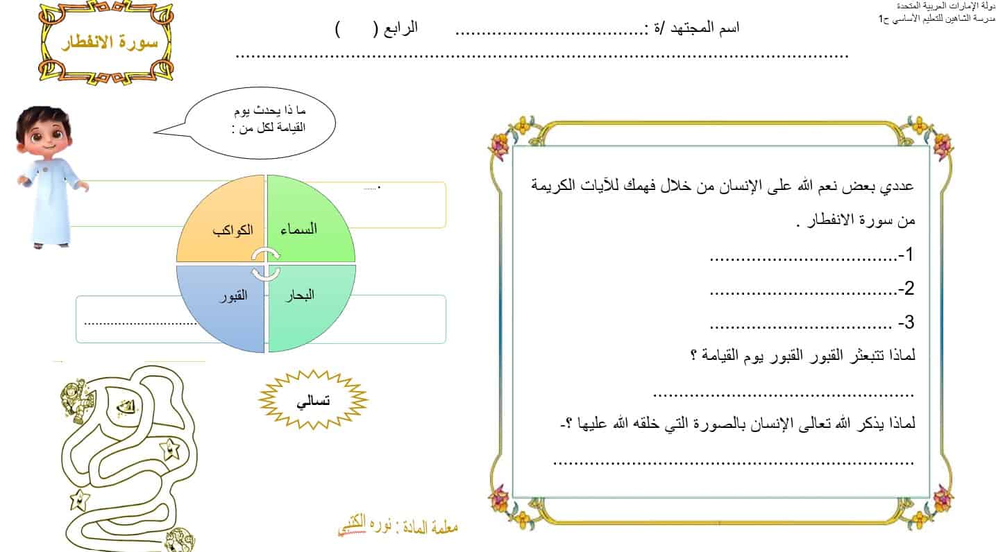 ورقة عمل سورة الإنفطار التربية الإسلامية الصف الرابع