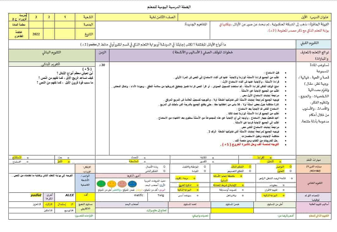 الخطة الدرسية اليومية الأيل اللغة العربية الصف الثامن