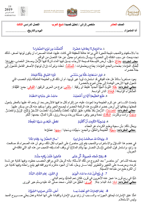 ملخص إثرائي تحليل قصيدة شيخ العرب اللغة العربية الصف العاشر