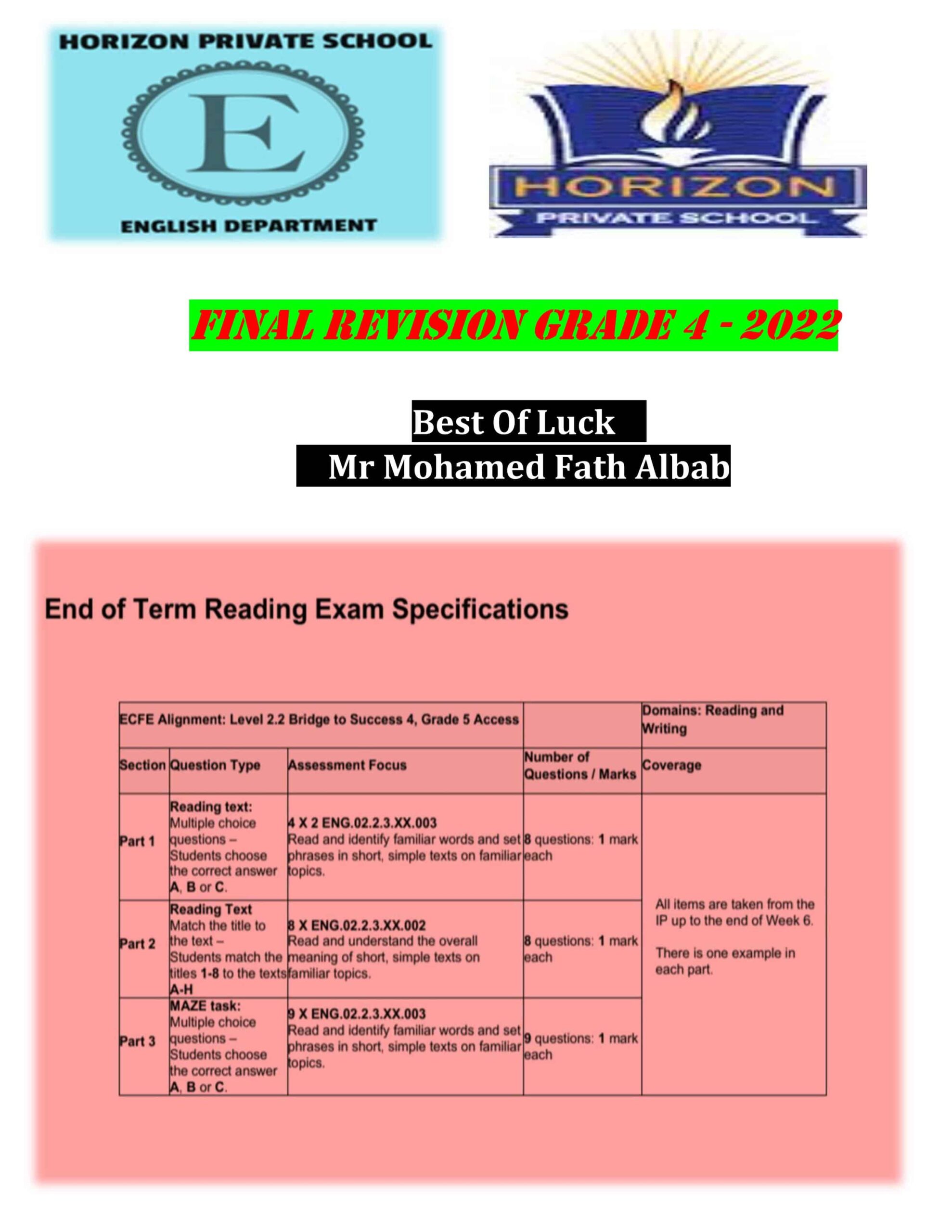 أوراق عمل FINAL REVISION حسب هيكل امتحان اللغة الإنجليزية الصف الرابع