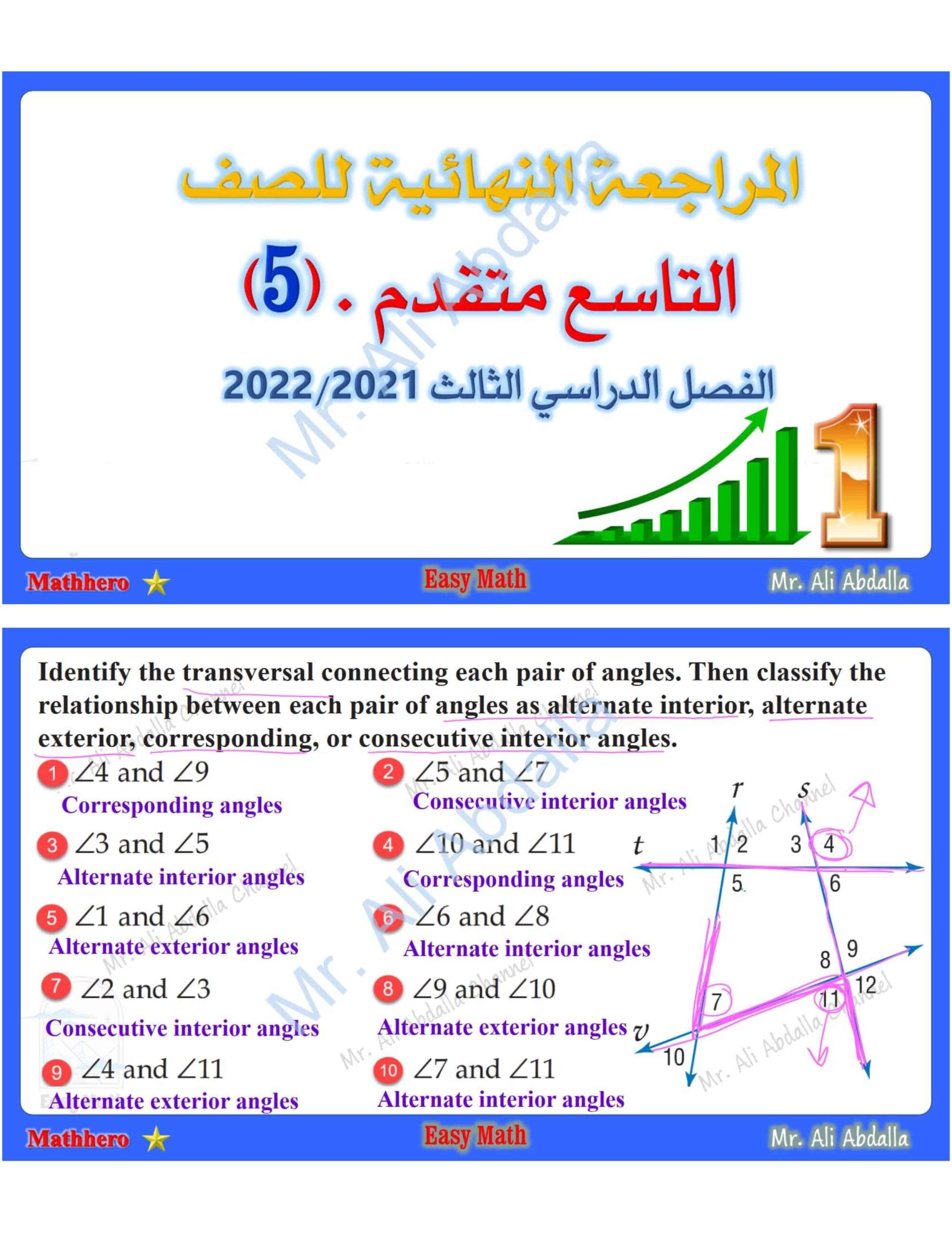 حل أوراق عمل المراجعة النهائية الرياضيات المتكاملة الصف التاسع متقدم