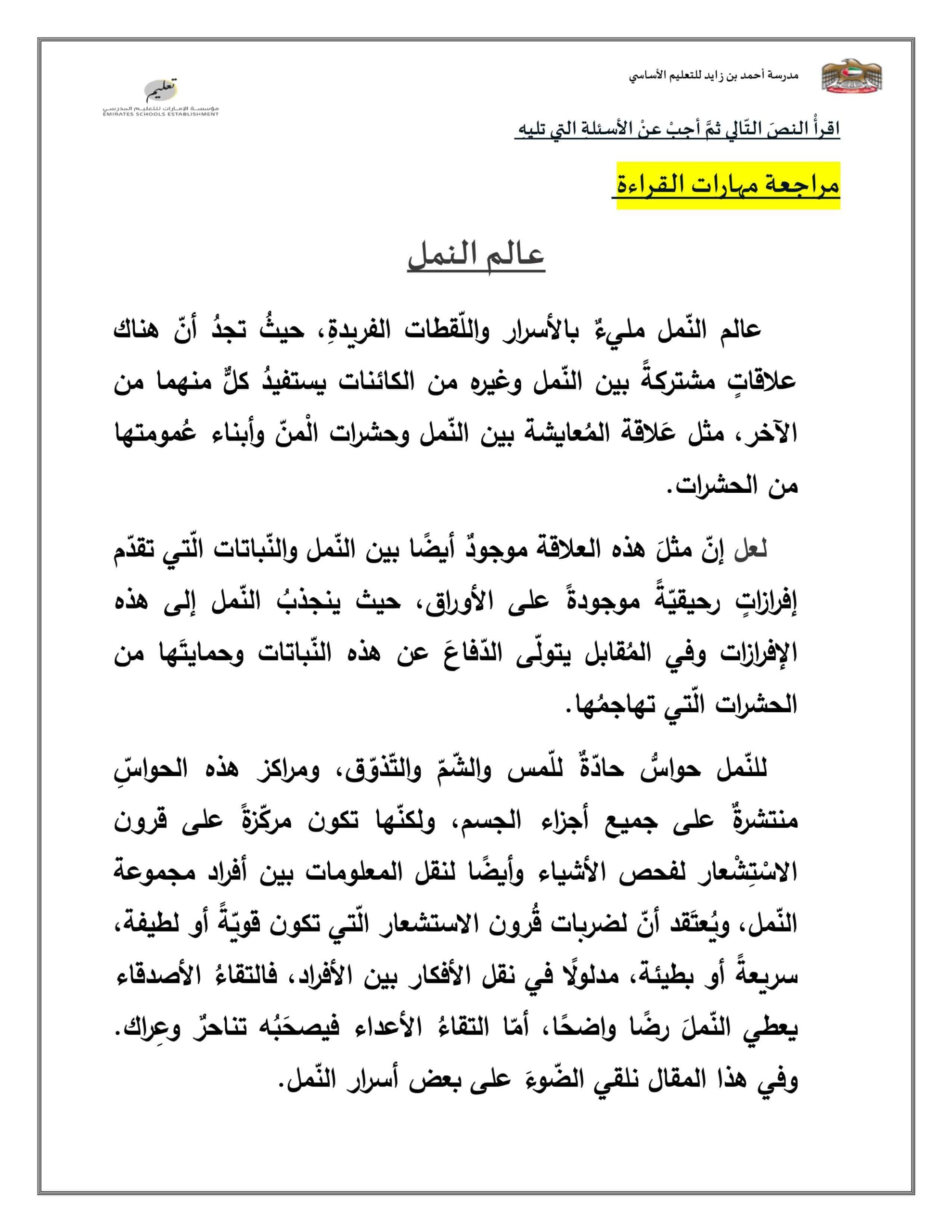 مراجعة مهارة القراءة عالم النمل اللغة العربية الصف الرابع