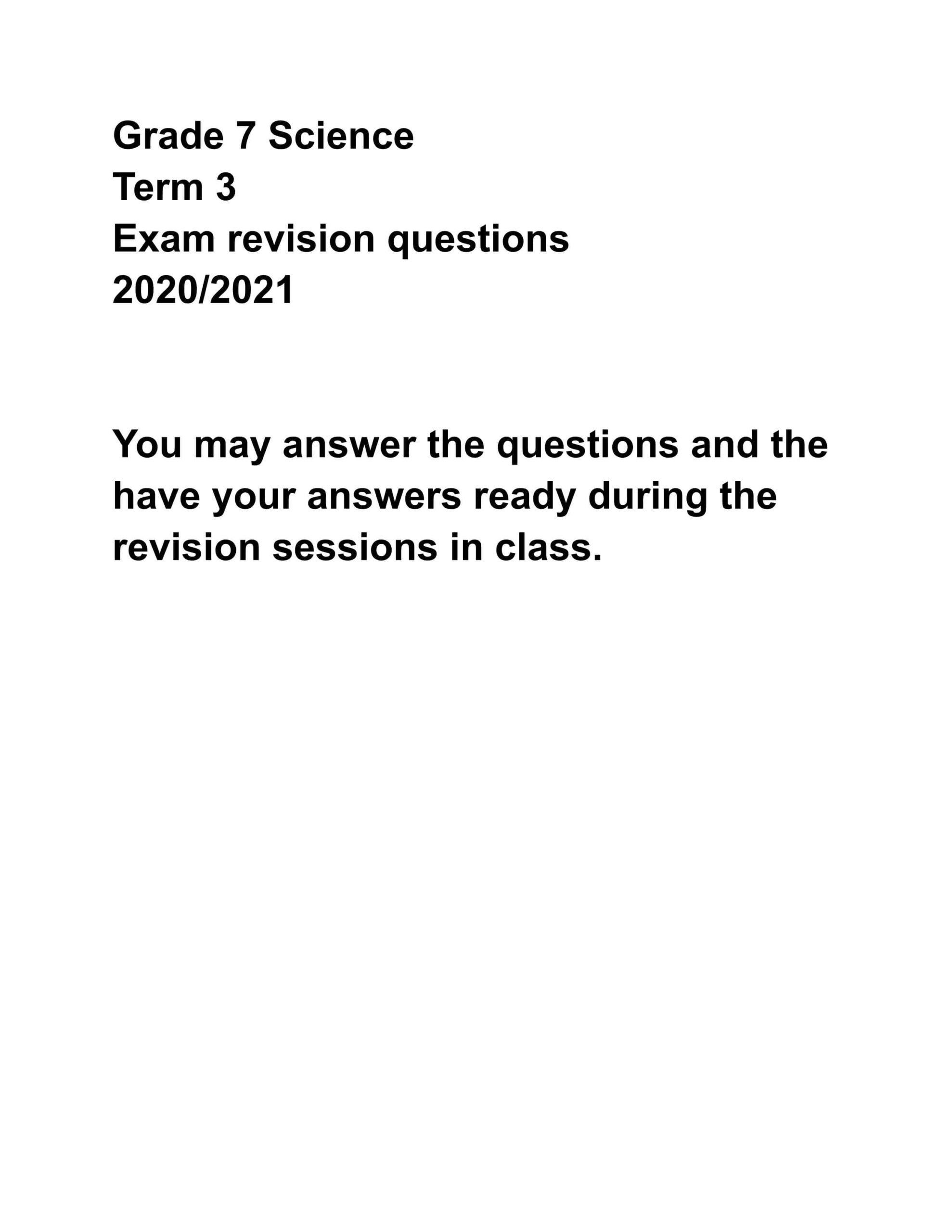 Exam revision questions العلوم المتكاملة الصف السابع