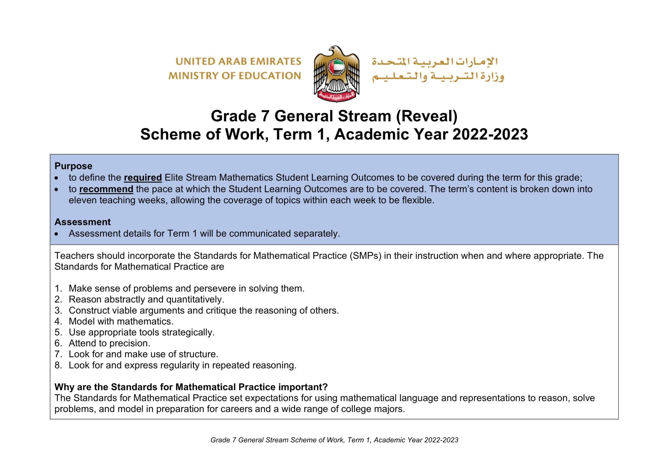 الخطة الفصلية Scheme of Work الرياضيات المتكاملة Reveal الصف السابع الفصل الدراسي الأول 2022-2023