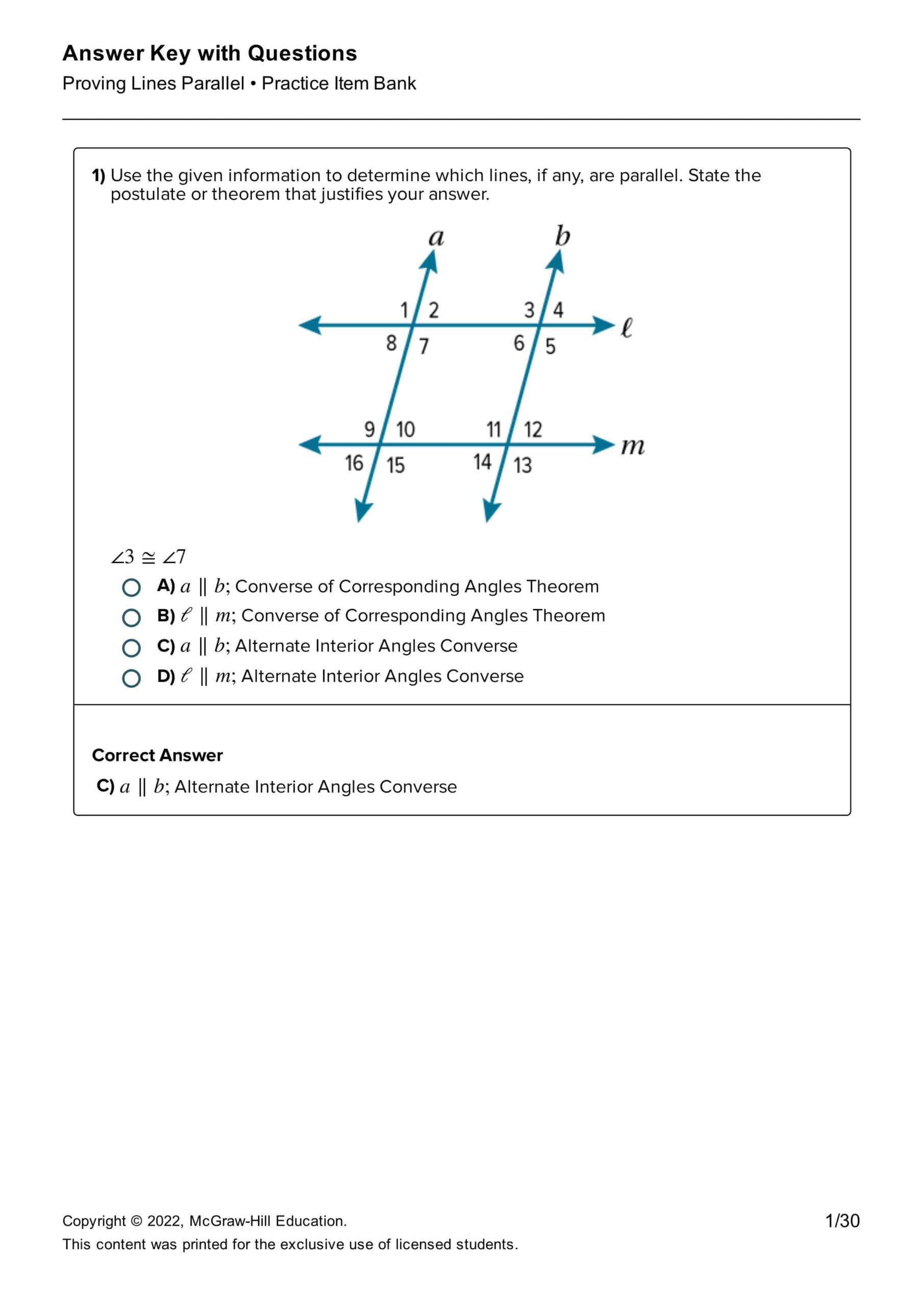 حل أوراق عمل Proving Lines Parallel الرياضيات المتكاملة الصف التاسع