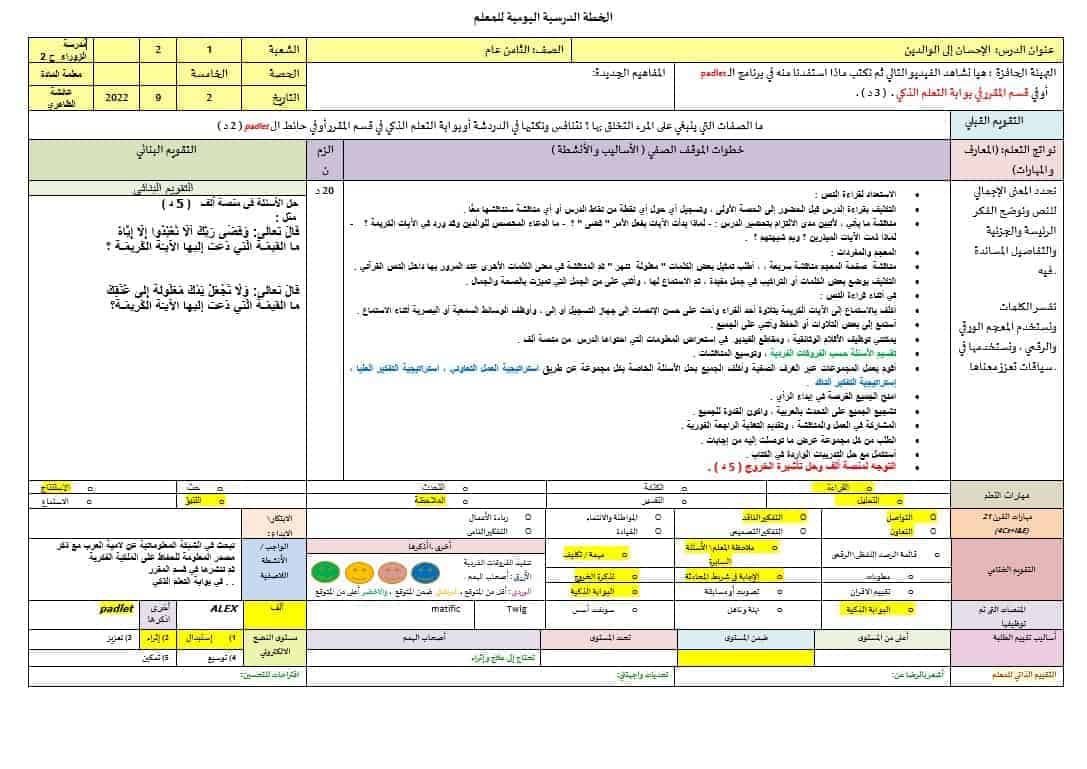 الخطة الدرسية اليومية الإحسان إلى الوالدين اللغة العربية الصف الثامن