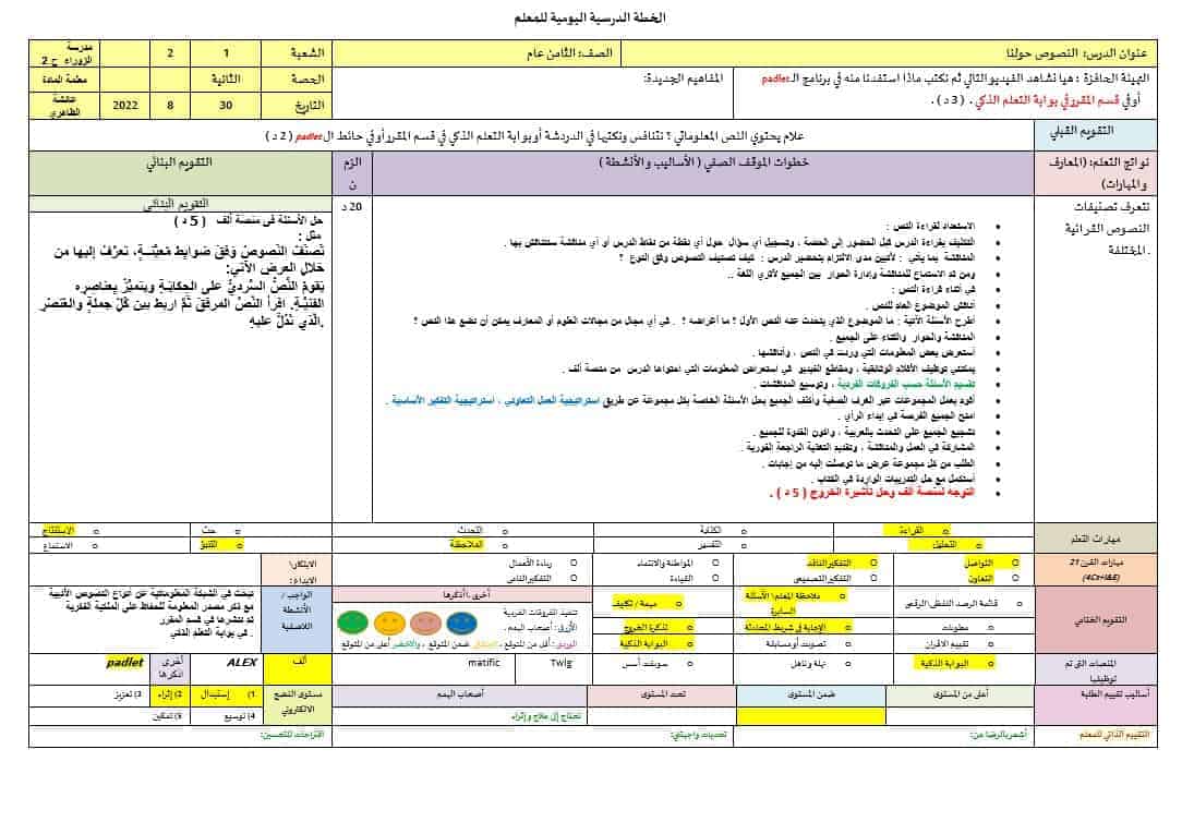 الخطة الدرسية اليومية النصوص حولنا 1 اللغة العربية الصف الثامن