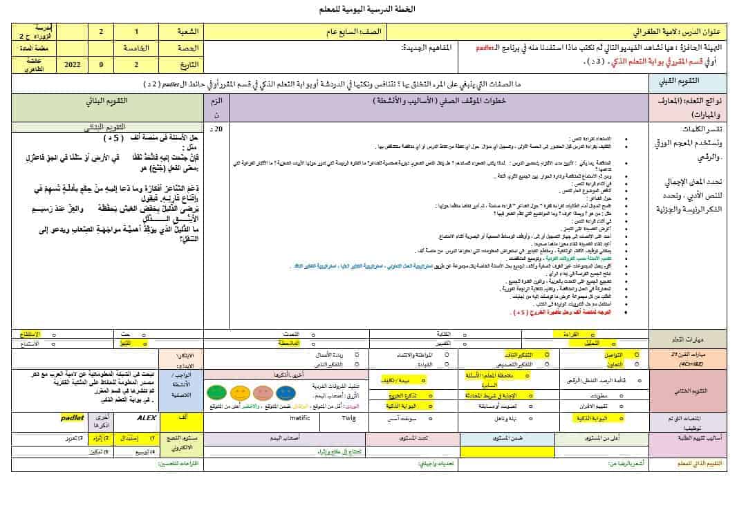 الخطة الدرسية اليومية لامية الطغرائي اللغة العربية الصف السابع 