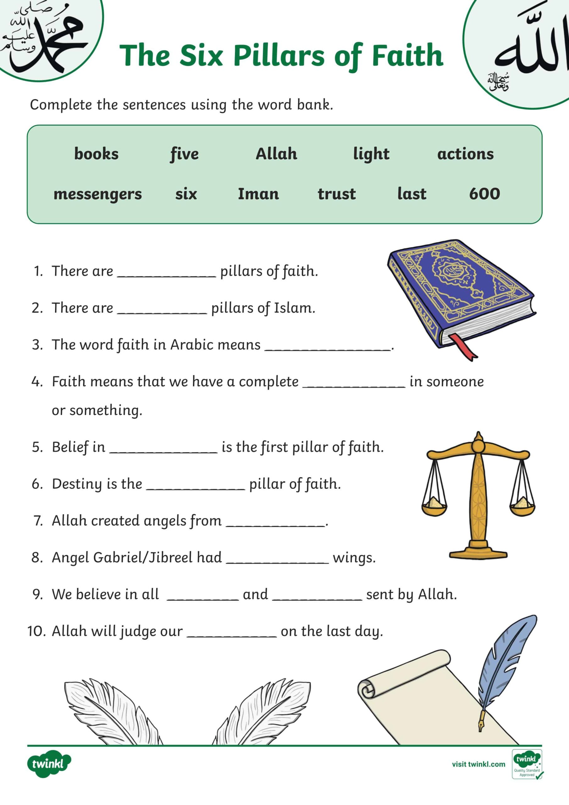 ورقة عمل The Six Pillars of Faith لغير الناطقين باللغة العربية التربية الإسلامية الصف الأول