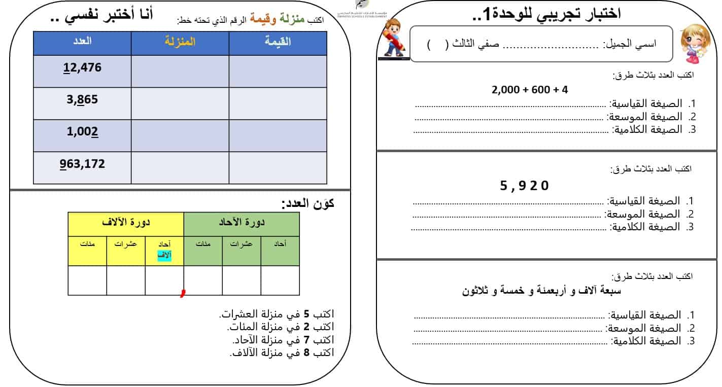 اختبار تجريبي الوحدة الأولى الرياضيات المتكاملة الصف الثالث - بوربوينت 