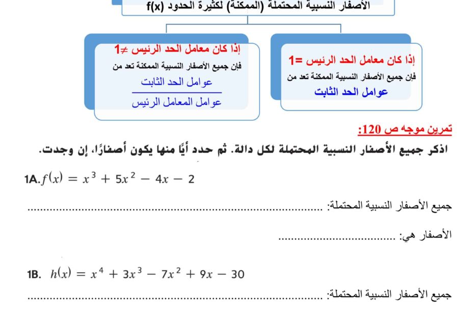 أوراق عمل أصفار الدوال كثيرة الحدود الرياضيات المتكاملة الصف الثاني عشر عام