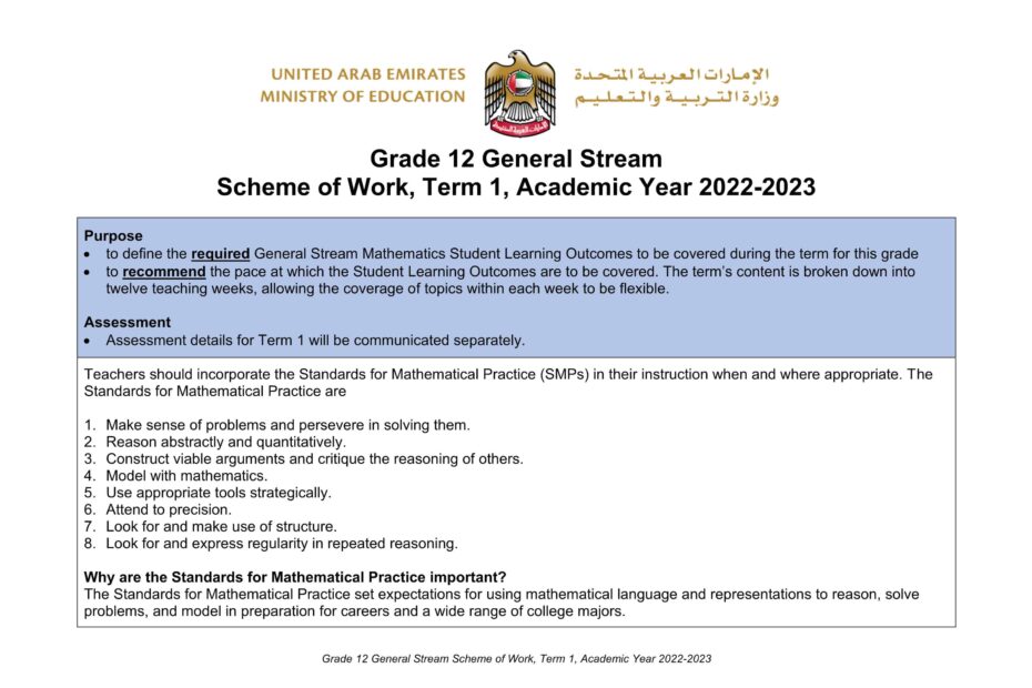 الخطة الفصلية Scheme of Work الرياضيات المتكاملة الصف الثاني عشر عام الفصل الدراسي الأول 2022-2023