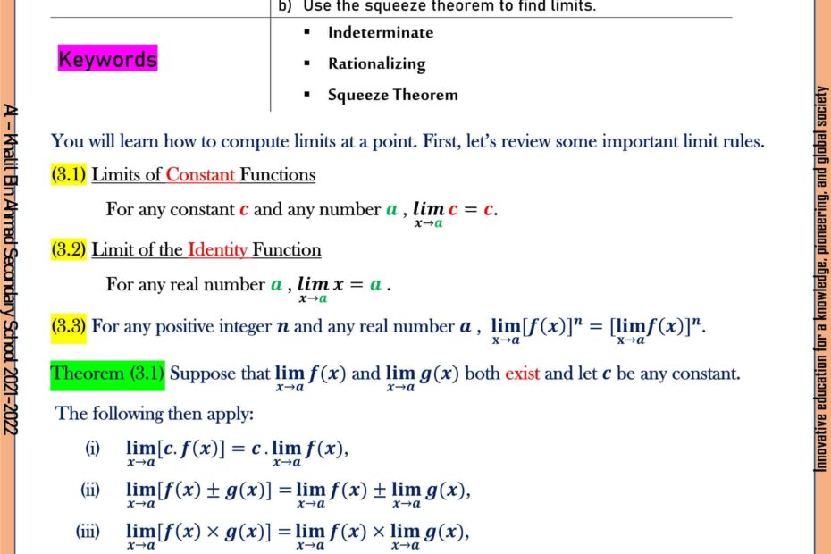 أوراق عمل درس Computation of Limits الرياضيات المتكاملة الصف الثاني عشر