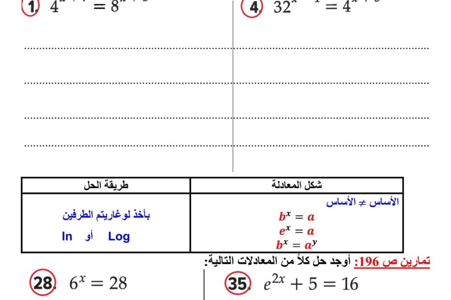 أوراق عمل المعادلات الأسية واللوغاريتمية الرياضيات المتكاملة الصف الثاني عشر عام