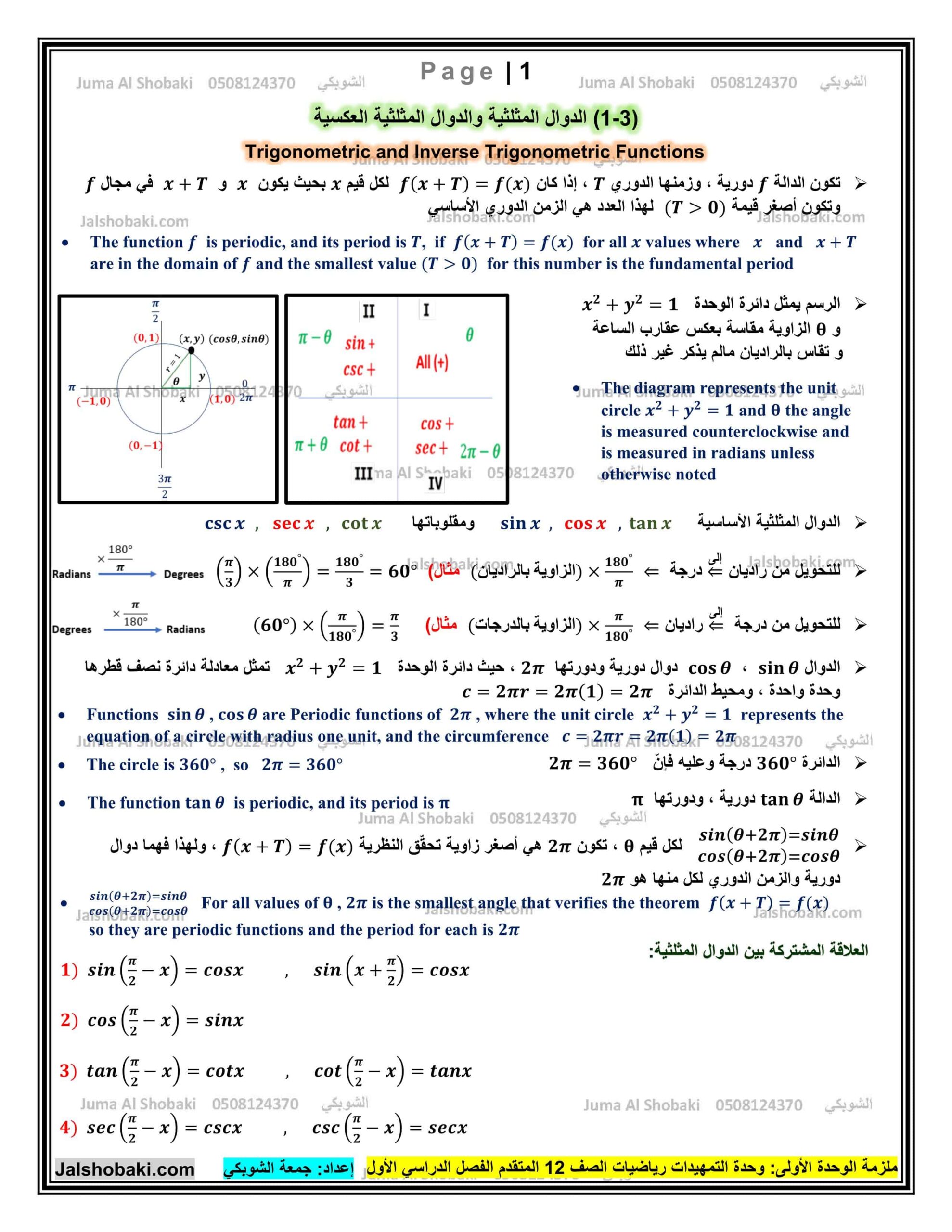 أوراق عمل الدوال المثلثية والدوال المثلثية العكسية الرياضيات المتكاملة الصف الثاني عشر متقدم