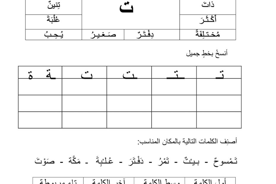 أوراق عمل حرف التاء اللغة العربية الصف الأول