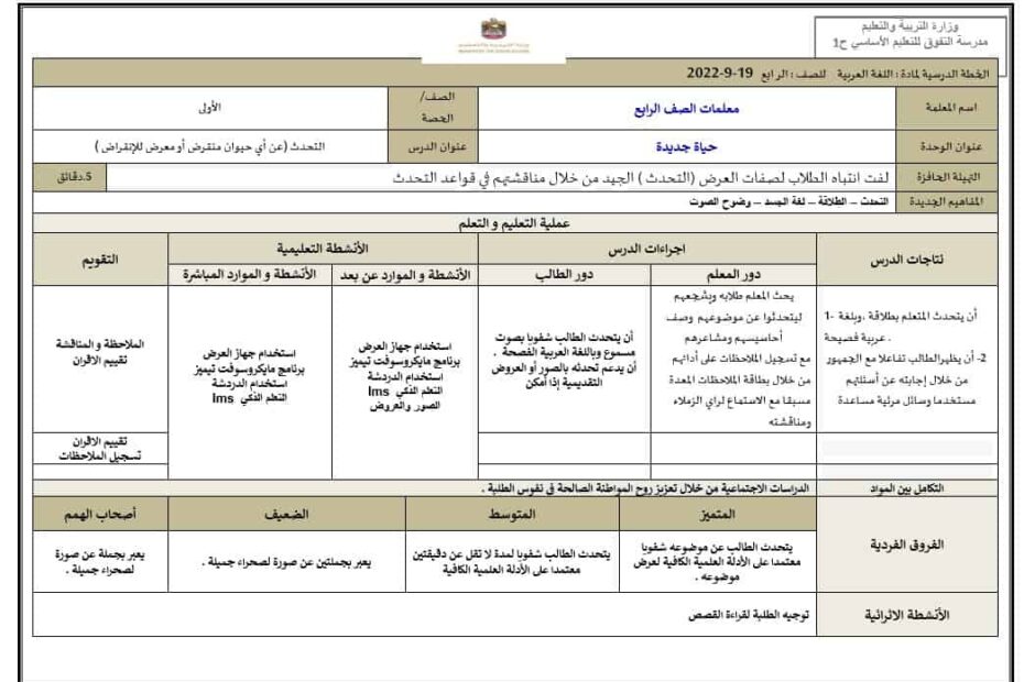 الخطة الدرسية اليومية الأسبوع الرابع اللغة العربية الصف الرابع