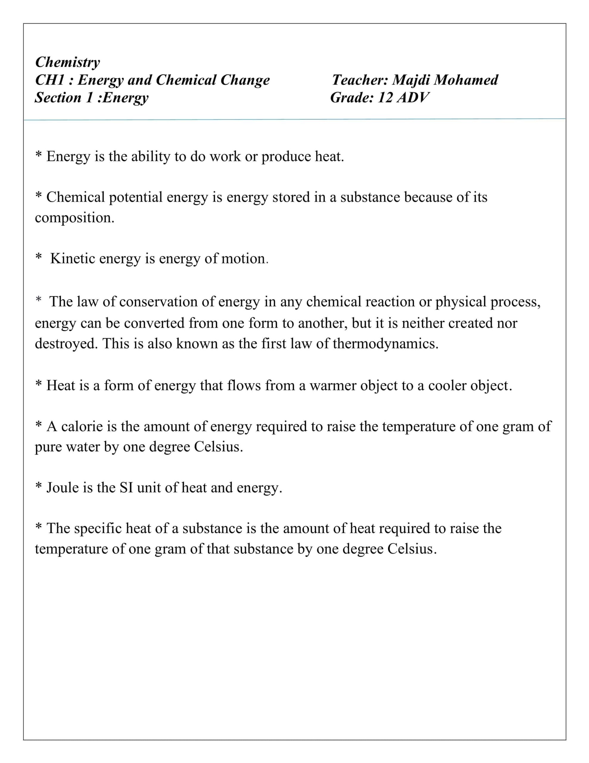 حل أوراق عمل Energy بالإنجليزي الكيمياء الصف الثاني عشر متقدم