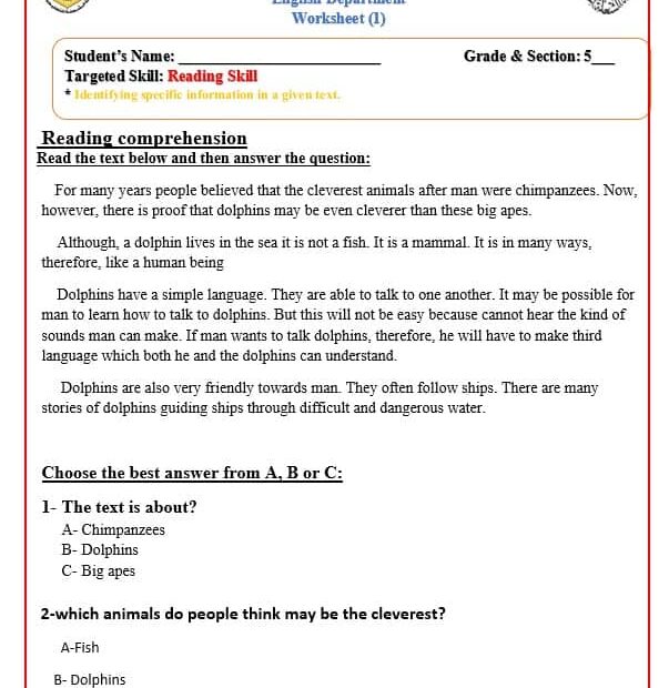 أوراق عمل Reading Skill اللغة الإنجليزية الصف الخامس