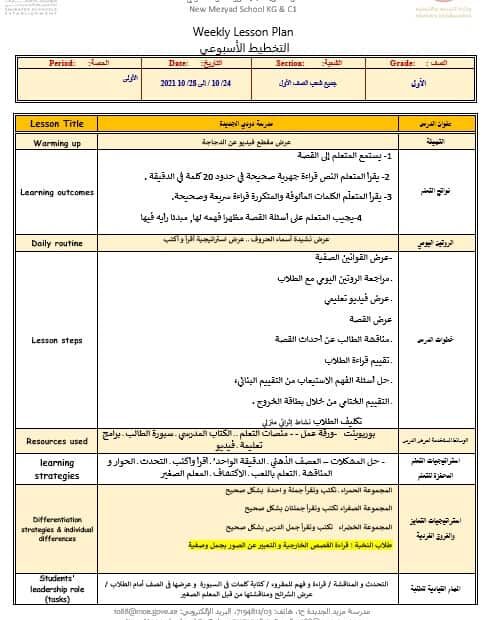 الخطة الدرسية اليومية مدرسة دودي الجديدة اللغة العربية الصف الأول