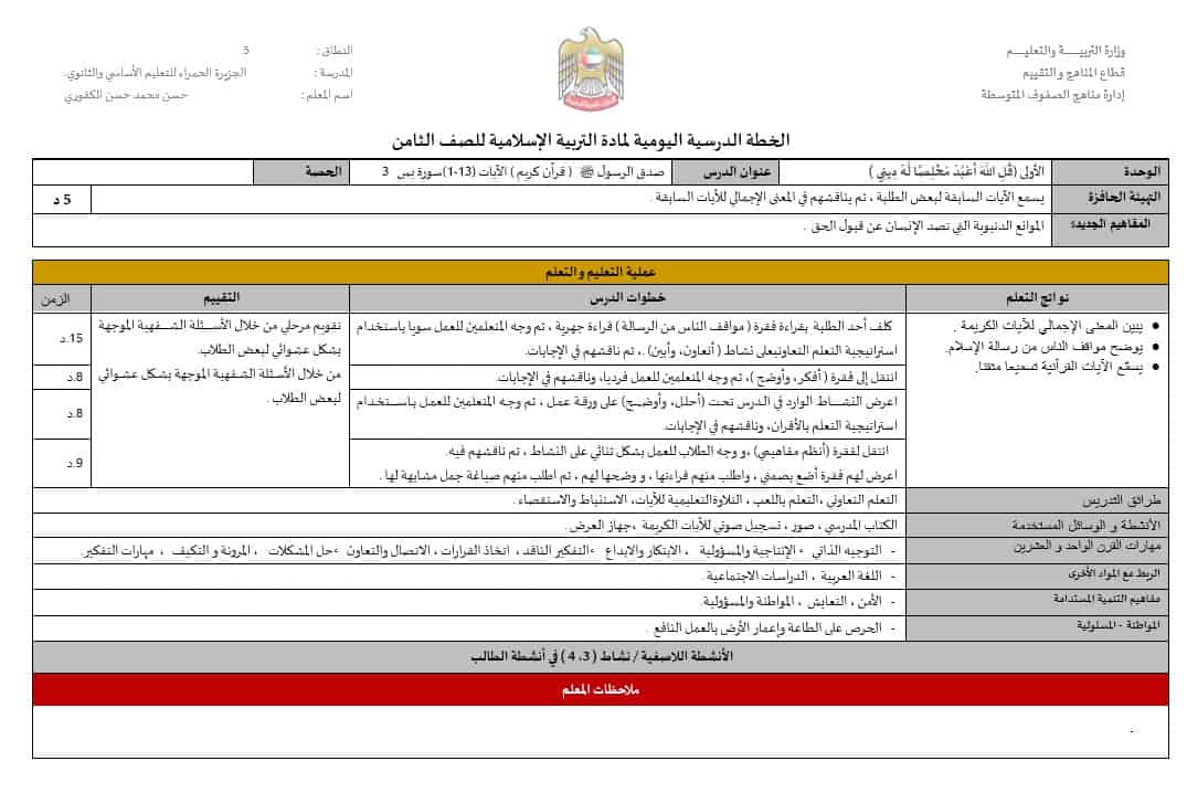 الخطة الدرسية اليومية سورة يس صدق الرسول صلى الله عليه وسلم التربية الإسلامية الصف الثامن