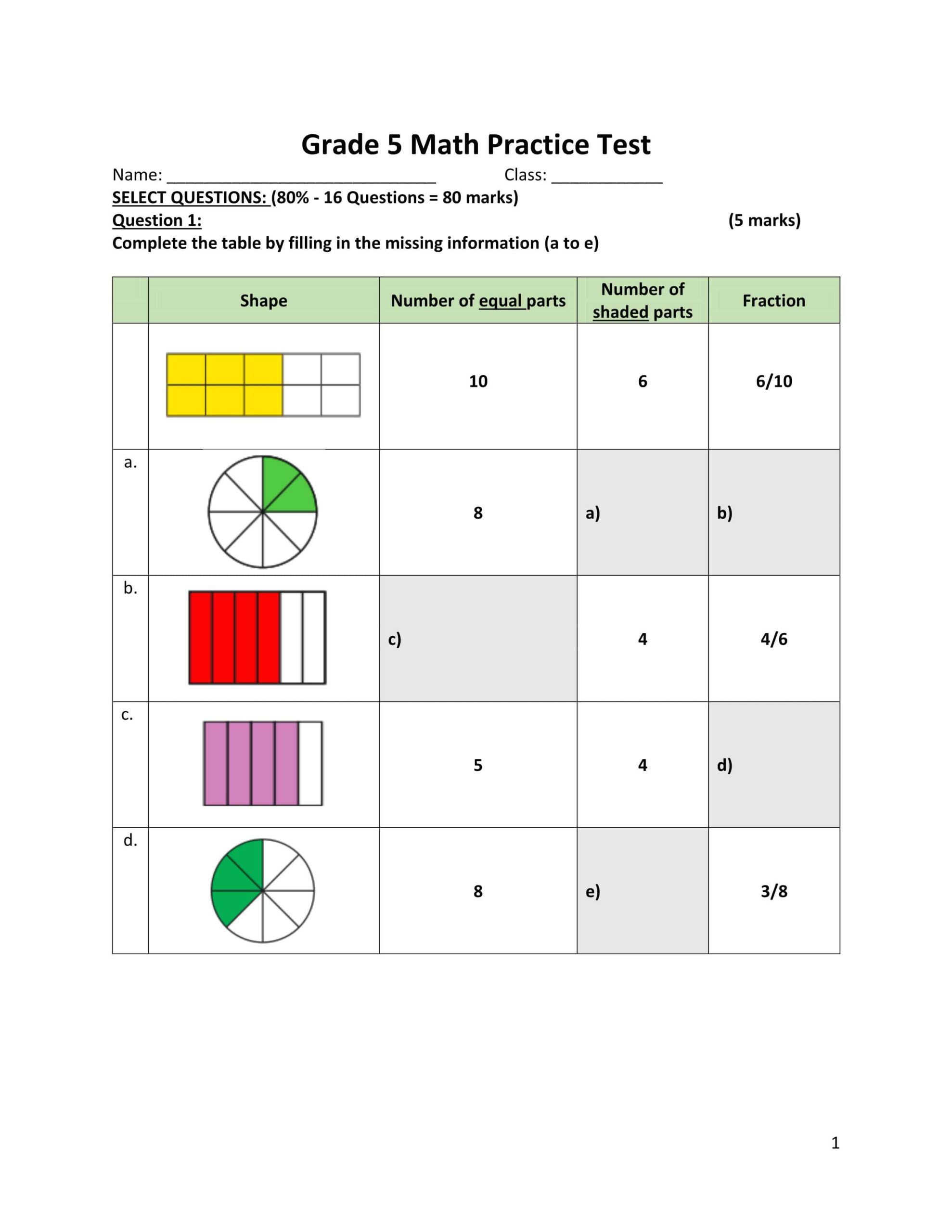 أوراق عمل Practice Test الرياضيات المتكاملة الصف الخامس