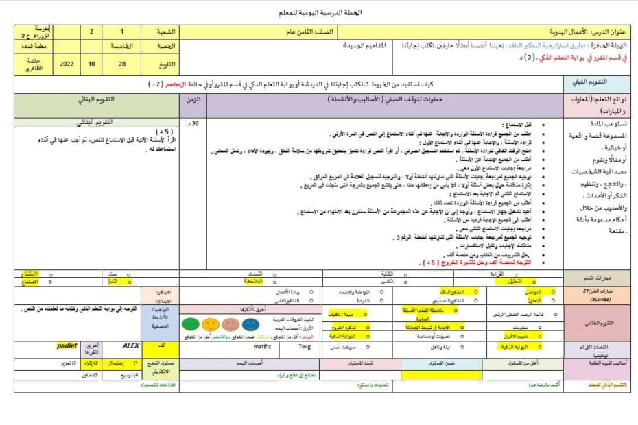 الخطة الدرسية اليومية الأعمال اليدوية اللغة العربية الصف الثامن
