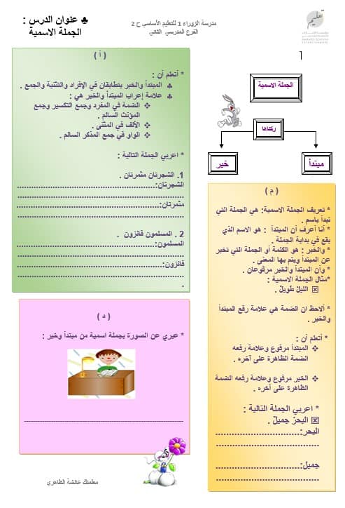 ورقة عمل الجملة الاسمية اللغة العربية الصف الثامن
