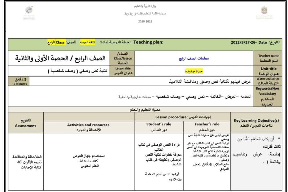 الخطة الدرسية اليومية الأسبوع الخامس اللغة العربية الصف الرابع