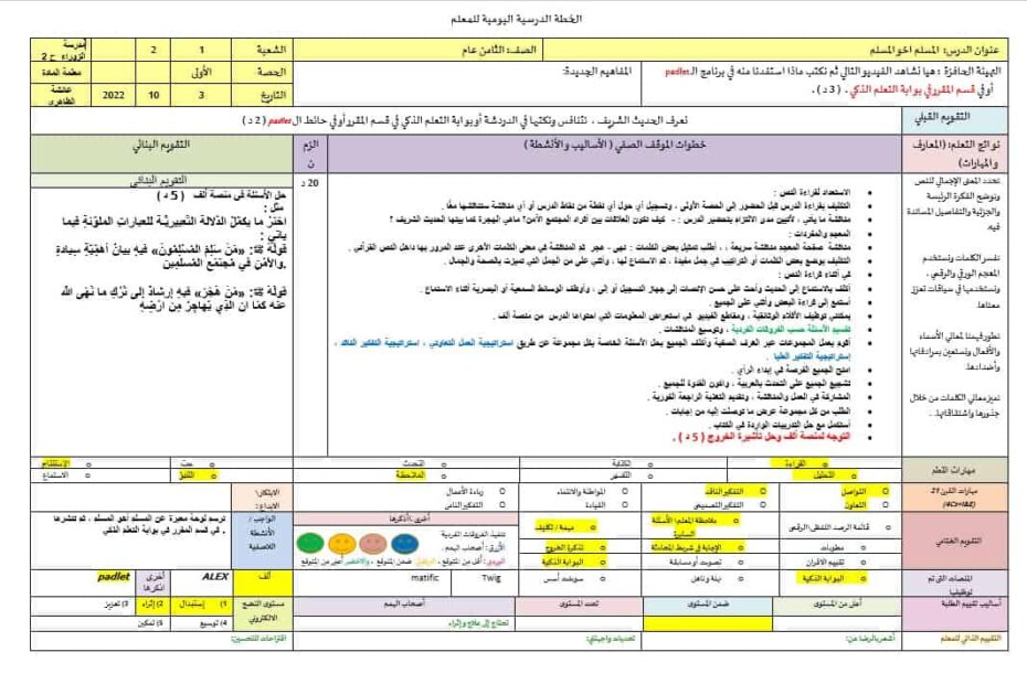الخطة الدرسية اليومية المسلم أخو المسلم اللغة العربية الصف الثامن
