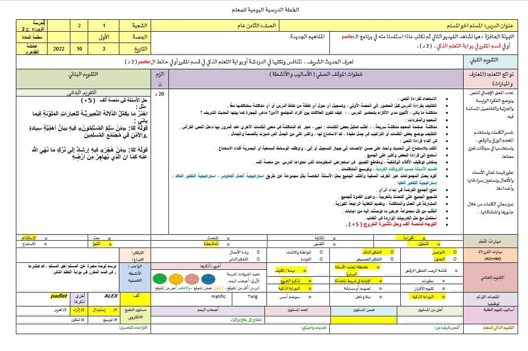 الخطة الدرسية اليومية المسلم أخو المسلم اللغة العربية الصف الثامن