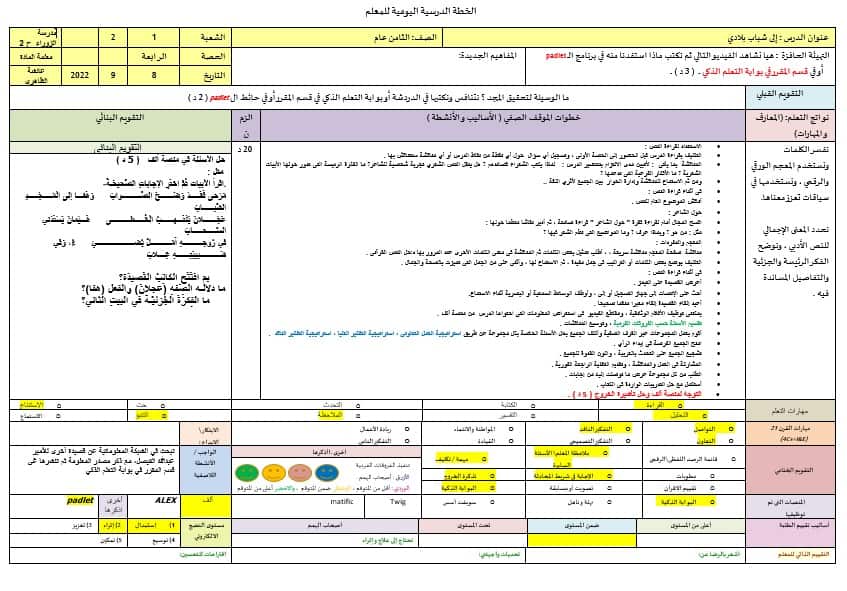 الخطة الدرسية اليومية إلى شباب بلادي اللغة العربية الصف الثامن