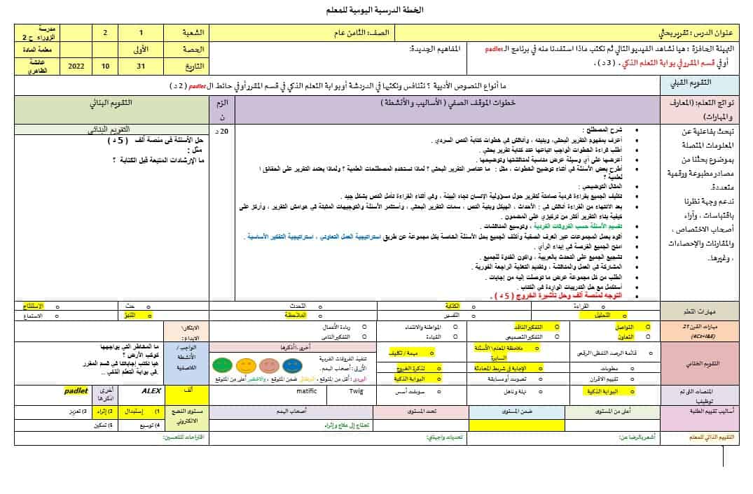 الخطة الدرسية اليومية تقرير بحثي اللغة العربية الصف الثامن 