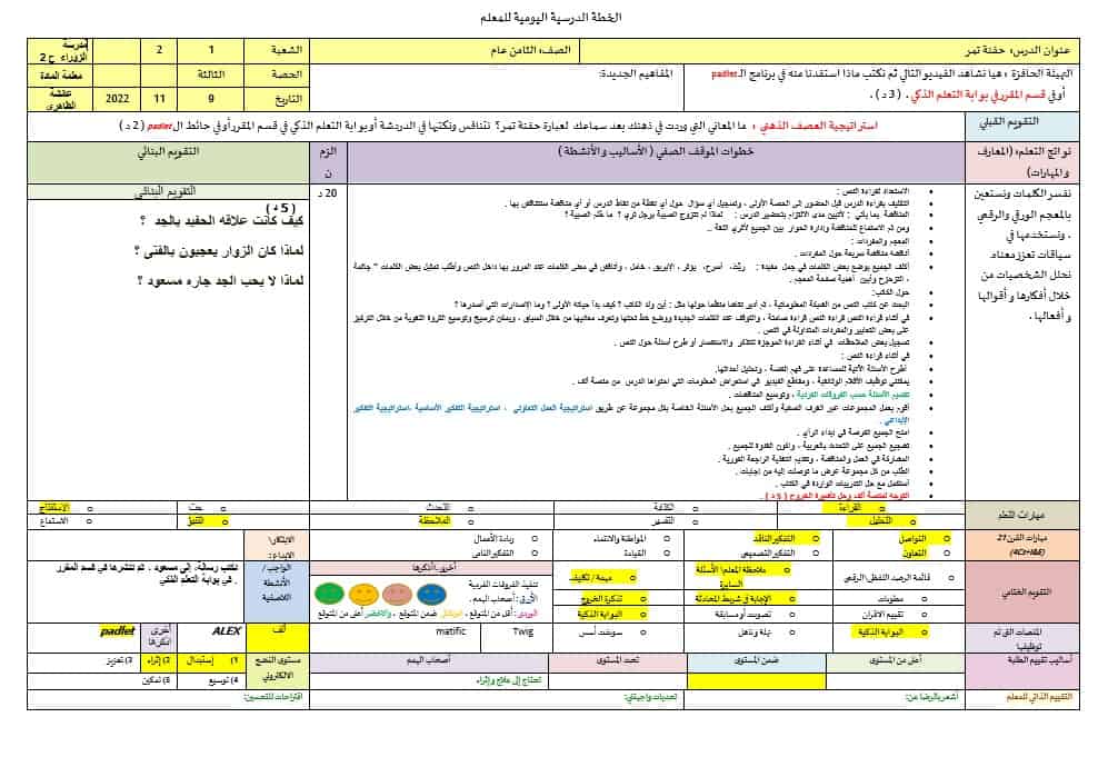 الخطة الدرسية اليومية حفنة تمر اللغة العربية الصف الثامن