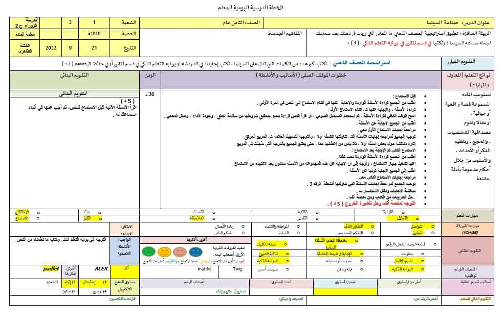الخطة الدرسية اليومية صناعة السينما اللغة العربية الصف الثامن