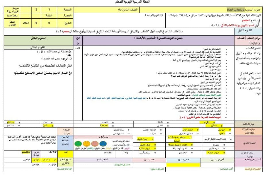 الخطة الدرسية اليومية من تجارب الحياة اللغة العربية الصف الثامن