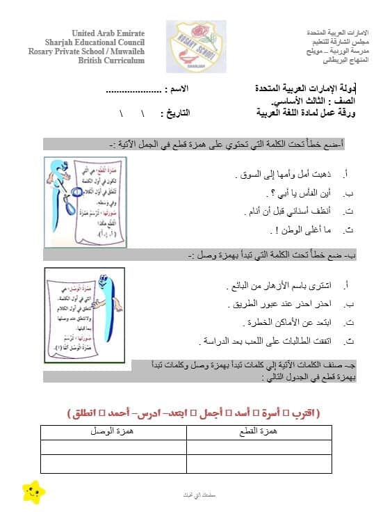 ورقة عمل همزة القطع وهمزة الوصل اللغة العربية الصف الثالث