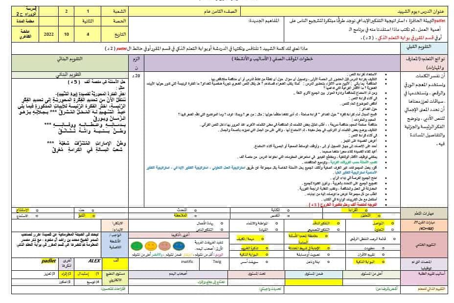 الخطة الدرسية اليومية يوم الشهيد اللغة العربية الصف الثامن