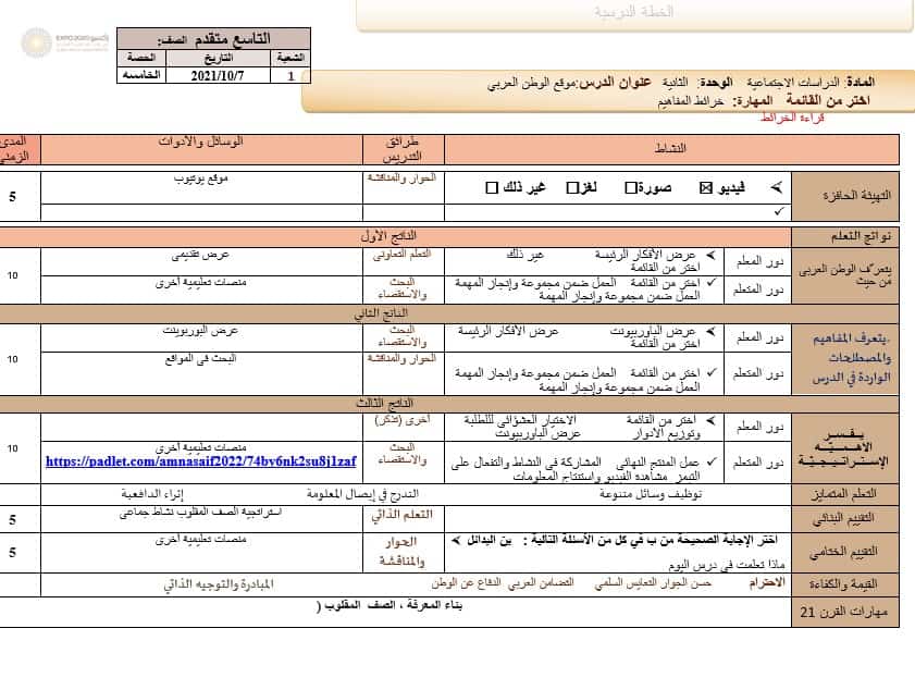 الخطة الدرسية اليومية موقع الوطن العربي الدراسات الإجتماعية والتربية الوطنية الصف التاسع