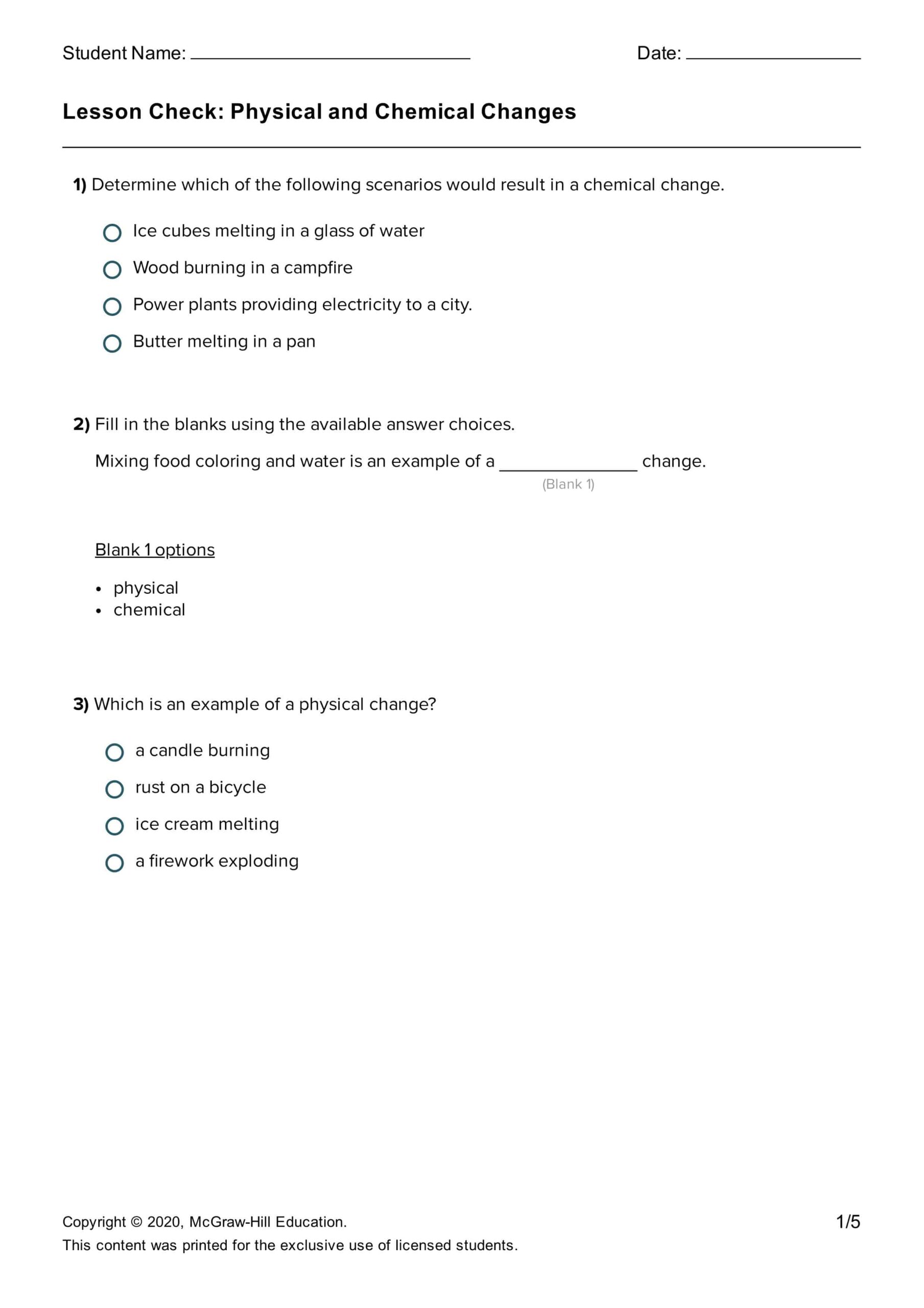 أوراق عمل Physical and Chemical Changes العلوم المتكاملة الصف الخامس