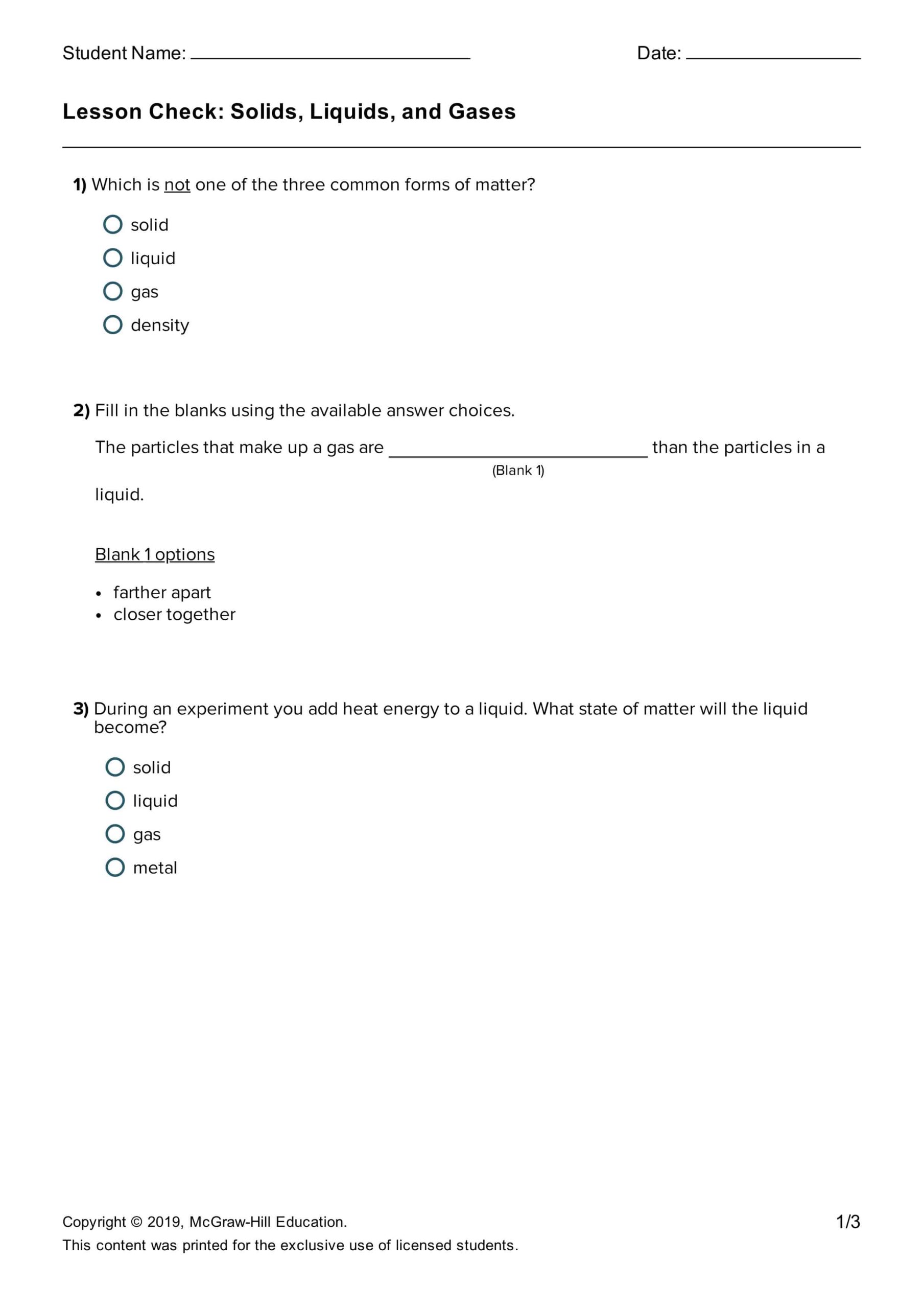 أوراق عمل Solids, Liquids, and Gases العلوم المتكاملة الصف الخامس