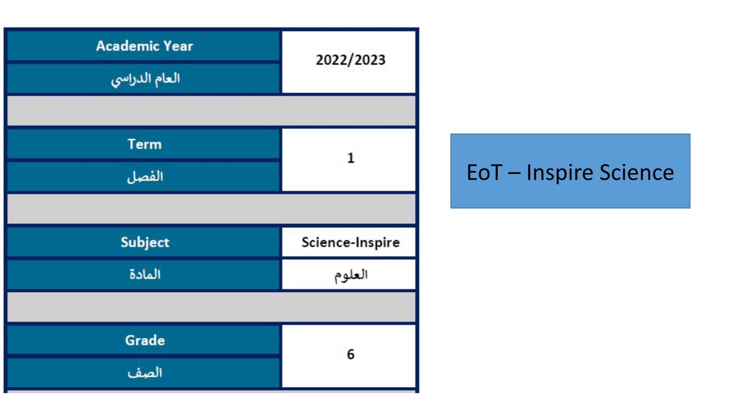 نموذج هيكل امتحان العلوم المتكاملة الصف السادس Inspire