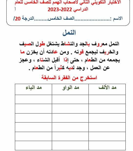 الاختبار التكويني الثاني لأصحاب الهمم اللغة العربية الصف الخامس