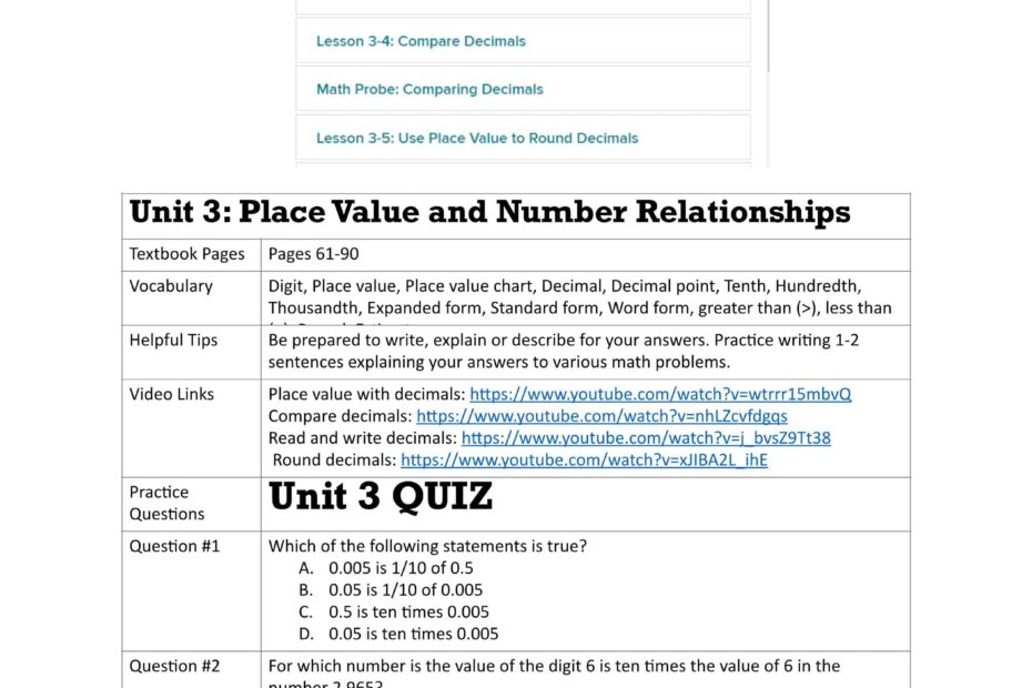 ورقة عمل Place Value and Number Relationships الرياضيات المتكاملة الصف الخامس